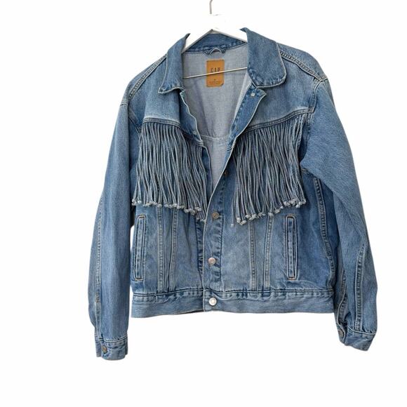GAP Oversized Denim Fringe Jacket Women’s Small Tall Light Wash Western - Picture 5 of 10